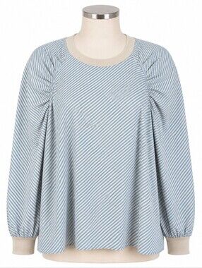 Tish Cox Puff Sleeve Mia Blouse Striped Blue White Cream Trim Sz XS Crew Neck